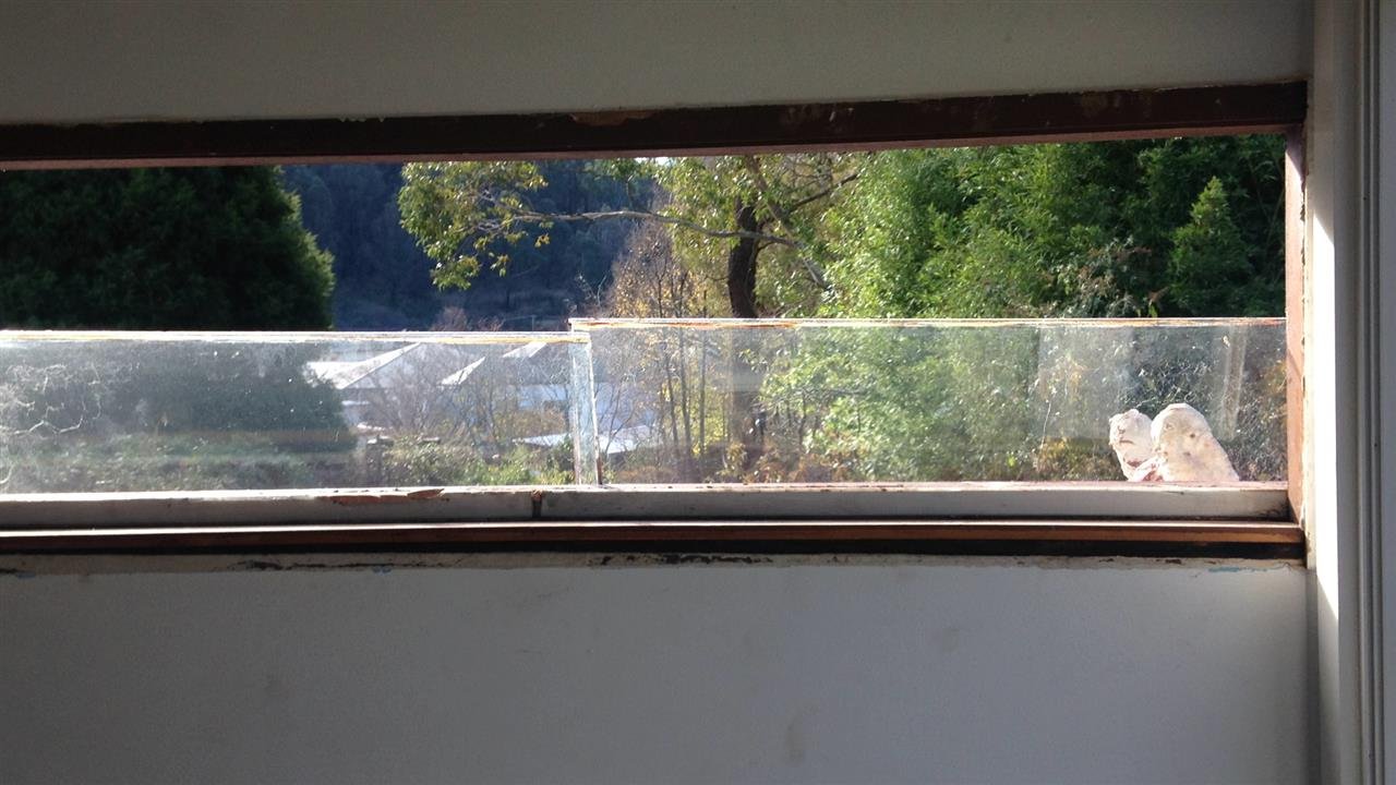 Original timber window with ageing glass before restoration